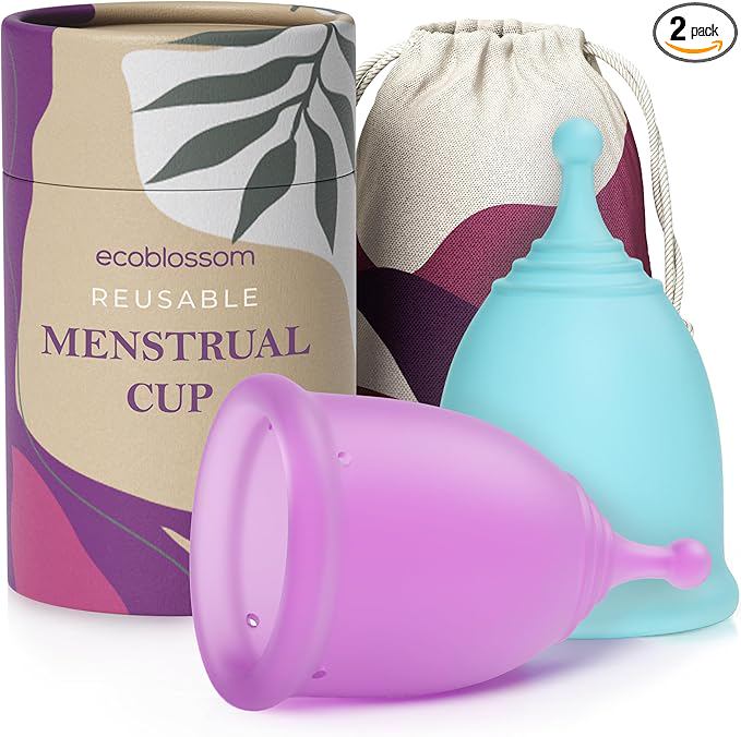 EcoBlossom Reusable Menstrual Cup Set - The Most Reliable Medical Grade Silicone Period Cups - Comfortably use for 12 Hours (Small & Large)