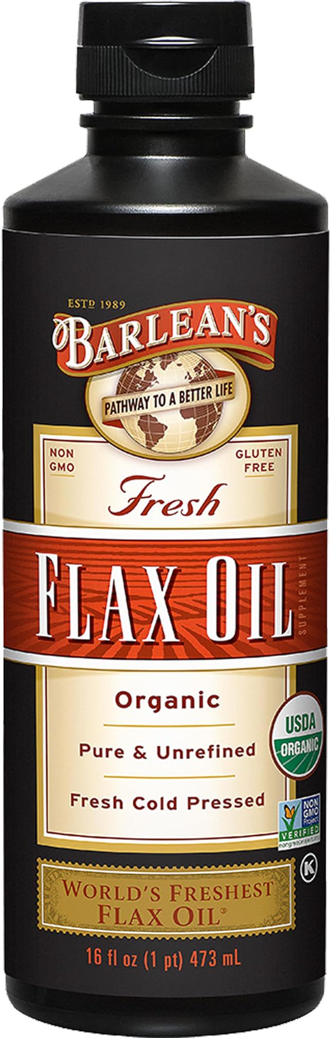 Barlean's Organic Flaxseed Oil Liquid from Fresh Cold Pressed Flax Seeds, 7,640mg ALA Omega 3 Fatty Acid Supplement for Healthy Hair and Skin, Vegan and Gluten Free, 16 oz