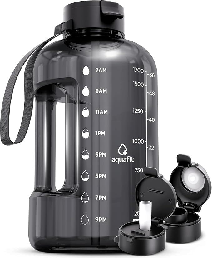 AQUAFIT 64 oz Water Bottle with Time Marker - Straw & Chug Lid - BPA Free Half Gallon Gym Water Bottle with Handle - Big Gallon Jug (Gray, 64 Ounces)
