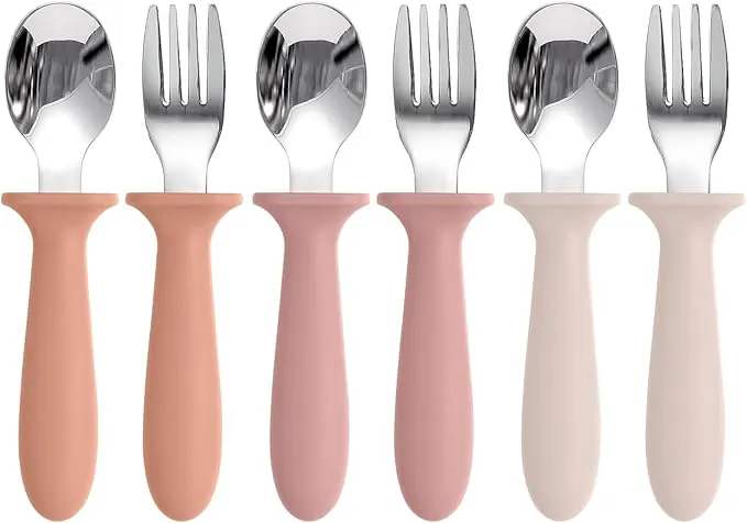 Eascrozn Toddler Spoons and Forks Set, 6 Pack Kids Silverware with Silicone Handle, BPA Free, 18/8 Stainless Steel Children Safe Toddler Utensils, Dishwasher Safe