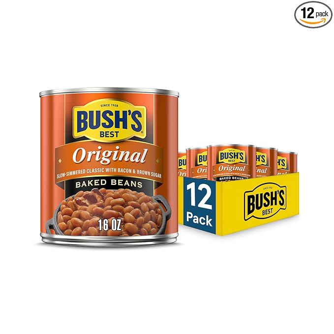 BUSH'S BEST 16 oz Canned Original Baked Beans, Source of Plant Based Protein and Fiber, Low Fat, Gluten Free, (Pack of 12)