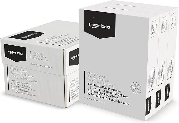 Amazon Basics Multipurpose Copy Printer Paper, 8.5 x 11 Inches, 24 lb Weight, 97 Bright White, 1500 Sheets (3 Packs of 500), for Inkjet and Laser