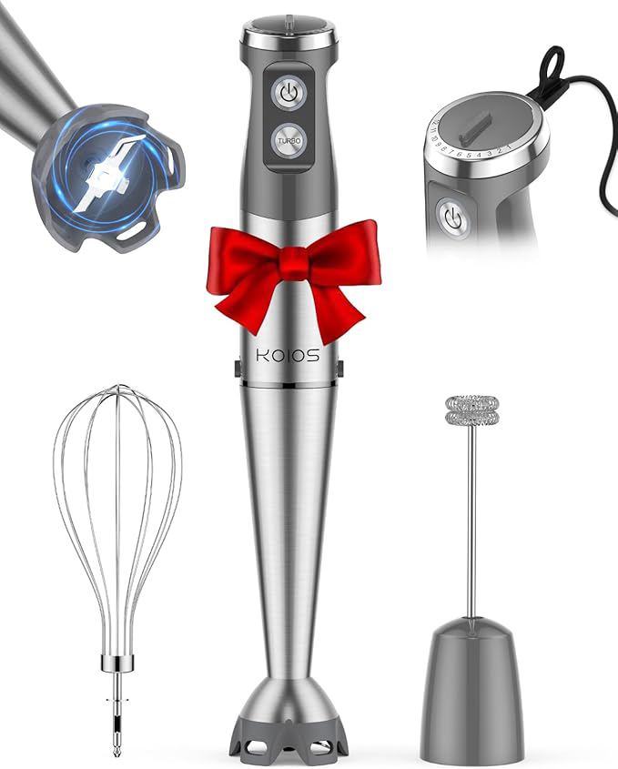 KOIOS Immersion Blender, 1000W Anti-scratch 3-in-1 Hand Blender, Upgraded 12 Speed Stainless Steel Blade Stick Blenders with Turbo Mode, Whisk and Milk Frother, Non-BPA