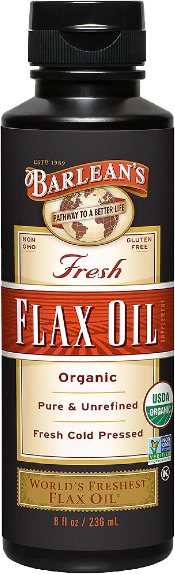 Barlean's Organic Flaxseed Oil Liquid from Fresh Cold Pressed Flax Seeds, 7,640mg ALA Omega 3 Fatty Acid Supplement for Skin and Hair Care, Vegan & Gluten Free, 8 oz
