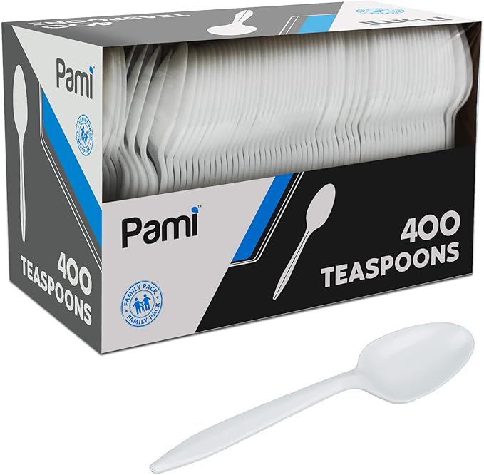 PAMI 400-Pack Medium Weight Disposable Plastic Teaspoons, Bulk Utensils for Parties, Weddings, Catering, Plastic Forks in Bulk Available (Teaspoons White)