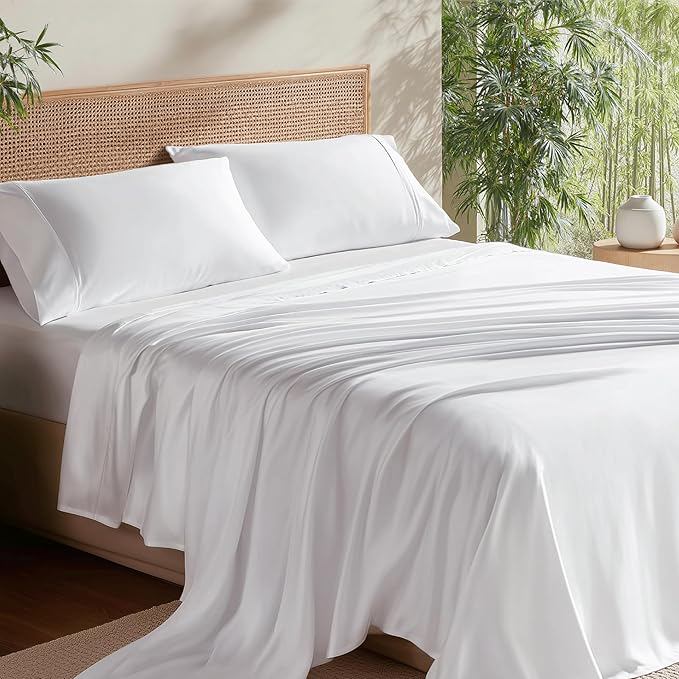 Bedsure Queen Sheet Set, Cooling Sheets for Queen Size Bed Set, Rayon Derived from Bamboo, PureWoven, Breathable & Soft, Deep Pocket Up to 16 Inches, Hotel Luxury Silky Bedding for Hot Sleepers, White