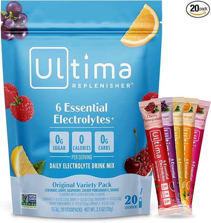 Ultima Replenisher Daily Electrolyte Powder – Original Variety Pack, 20 Stickpacks – Zero Sugar Hydration Packets with 6 Electrolytes and Minerals – Sugar Free, Plant Based & Keto Friendly​ Drink Mix