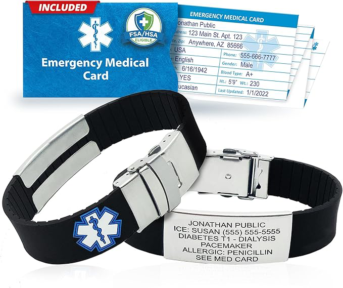 Universal Medical Data Emergency Alert Bracelets for Women & Men – 6-Line Custom Laser Engraved, Silicone Medical Alert Bracelet - Adults & Seniors Health Bracelet, Emergency Card & PHR Access – Black