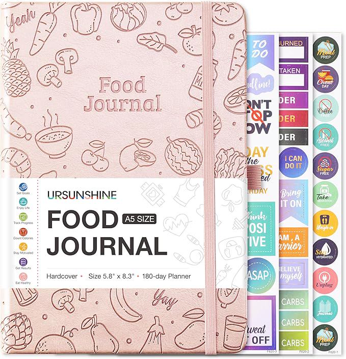Food Journal - Journal for Women Weight Loss, 5.8" x 8.3", 6 Months Meal Planner to Count Calories Health Journals for Women/Men, Keep Healthy Diet & Achieve Fitness Goals - Rose Gold