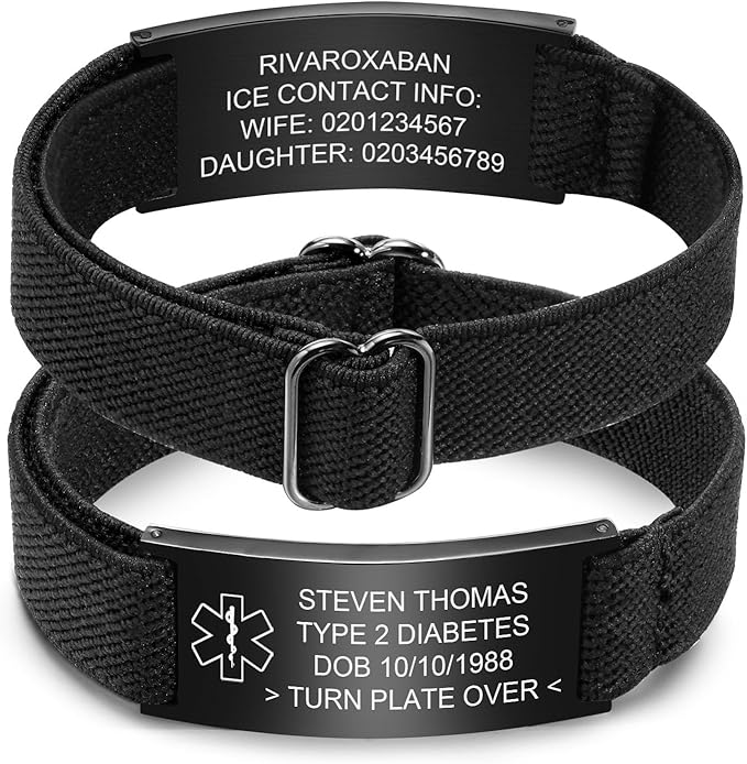 Personalized Medical Alert Bracelet for Men - Customized Elastic Strap Stainless Steel ID Bracelets Engraved Medic Info, Emergency Awareness Medic ID Bracelet for Autism Allergy Diabetic Epilepsy