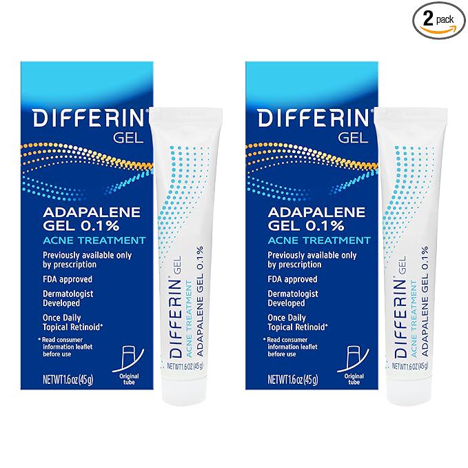 Differin Acne Treatment Gel, 60 Day Supply, Retinoid Treatment for Face with 0.1% Adapalene, Gentle Skin Care for Acne Prone Sensitive Skin, 15g Tube (Pack of 2) (Packaging May Vary)