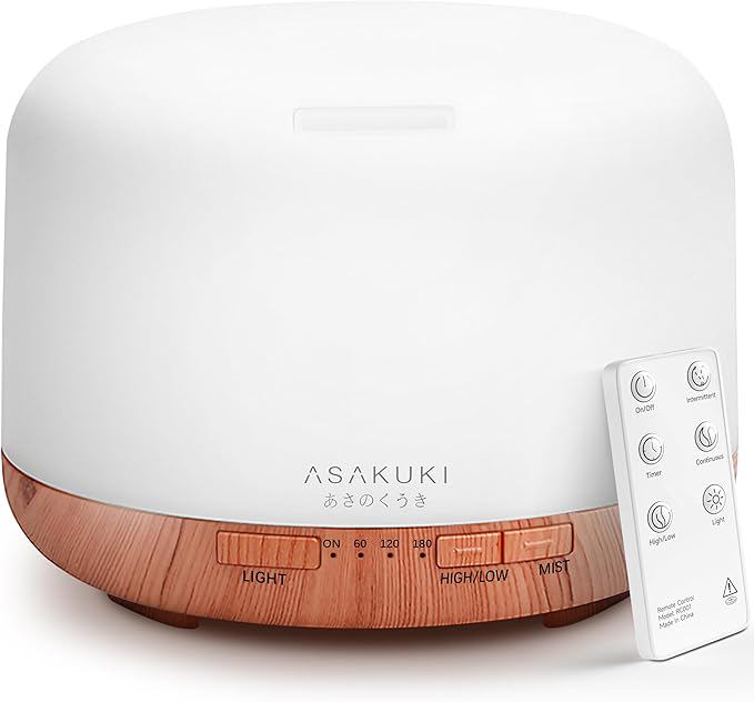 ASAKUKI Essential Oil Diffuser for Home, 500ML Aromatherapy Diffuser Humidifier with Remote Control, 7 Color LED Lights, Quiet Cool Mist Diffuser for Bedroom, Living Room, Office (Yellow)