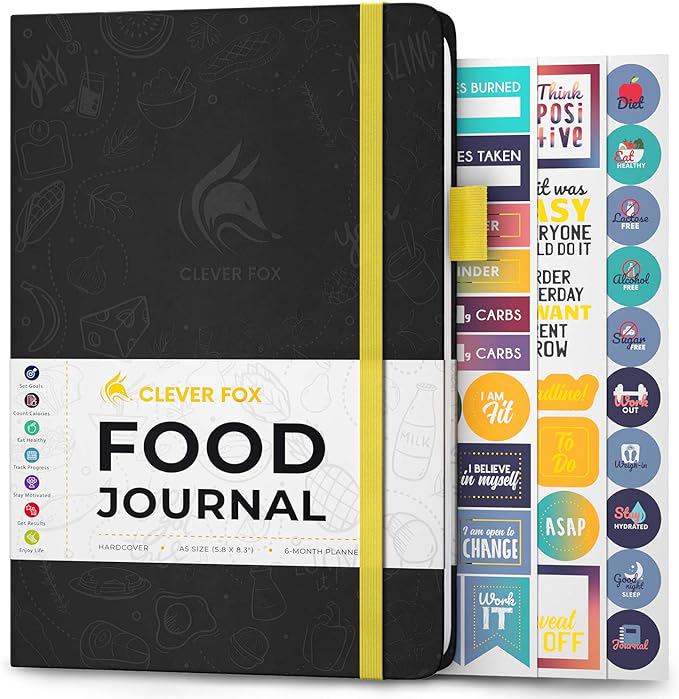 Clever Fox Food Journal - Daily Food Diary, Meal Planner to Track Calories & Nutrients, Weight Tracker Notebook, A5 (Black)