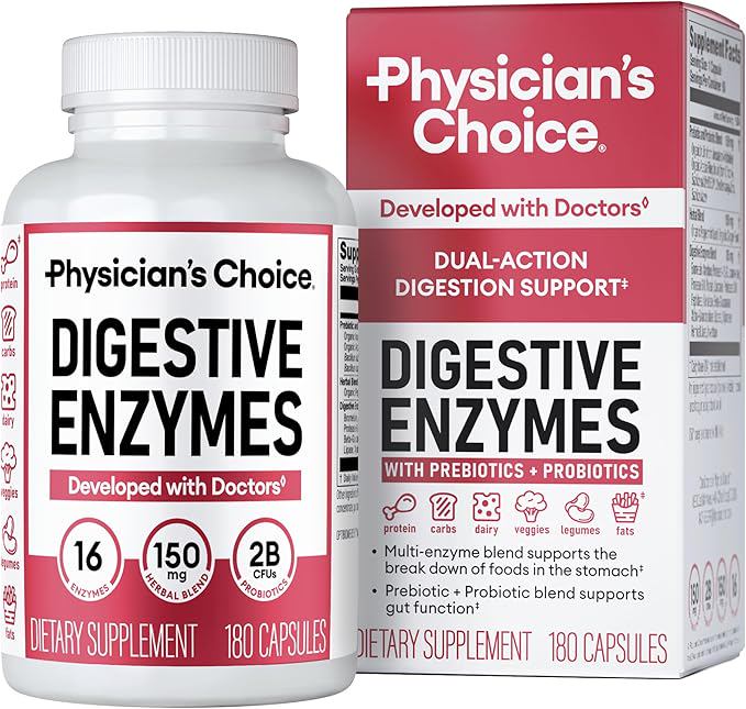 Physician's CHOICE Digestive Enzymes for Bloating & Digestion - Fast-Acting 16 Enzyme Formula with Organic Prebiotics & Probiotics for Gut & Digestive Health - Meal Time Discomfort Relief - 180 CT
