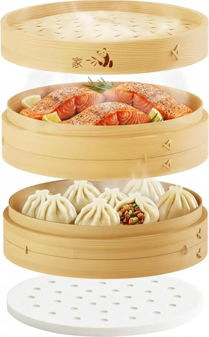 Prime Home Direct Bamboo Steamer Basket 12-Inch | 2-Tier Steamer for Cooking | 50 Liners, Chopsticks, Sauce Dish | Steaming Asian Food, Bao Buns, Chinese, Dim Sum, Dumpling, Rice, Vegetable Steam Pot