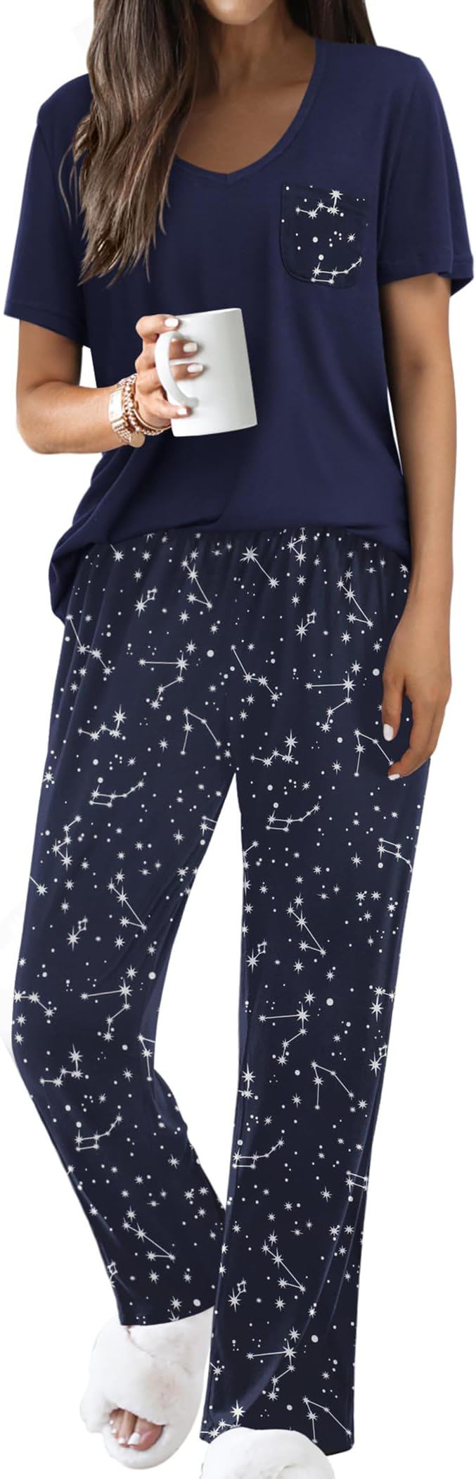 Ekouaer Pajama Sets for Women Short Sleeve Pj Set V Neck Sleepwear Chest Pocket with Long Pants Casual Loose Loungewear