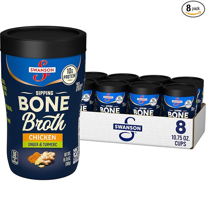 Swanson Sipping Chicken Bone Broth With Ginger and Turmeric, 10.75 oz Microwavable Cup (8 Pack)