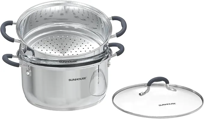 SUNHOUSE - 3.1 Quart Steamer Pots with Lid 2-Tier Multipurpose Stainless Steel Steaming Pot Cookware with Handle for Vegetable, Dumpling, Sauce, Food - Triple Bottom, Measurement Line