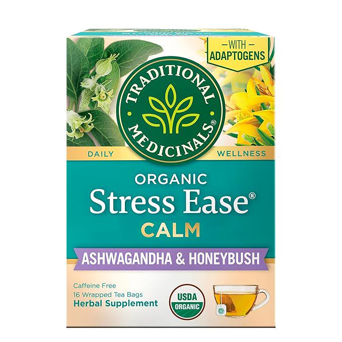Traditional Medicinals Organic, Stress Ease Calm with Adaptogens, Ashwagandha & Honeybush - Promotes Relaxation - Kosher, Non-GMO, Caffeine-Free, Compostable - 16 Tea Bags