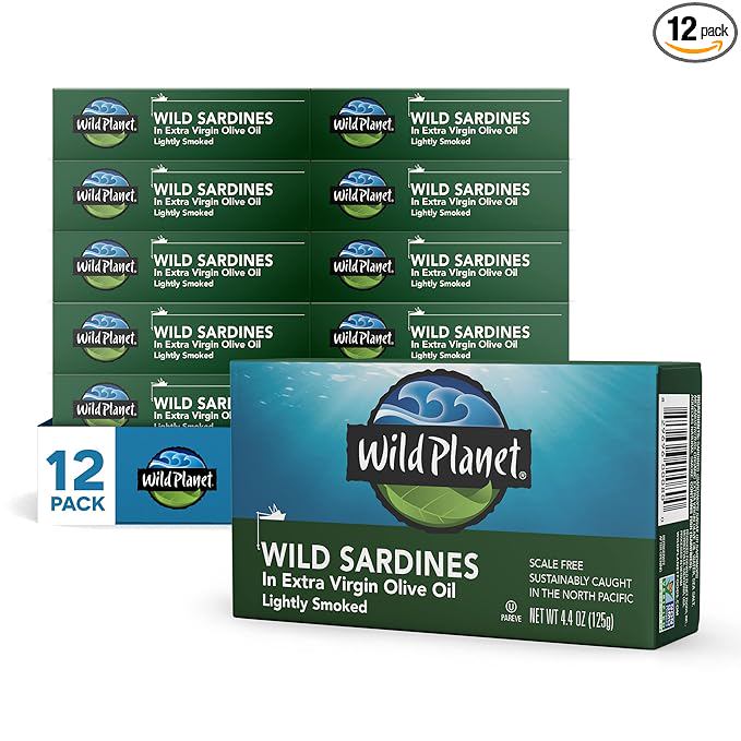 Wild Planet Wild Sardines in Extra Virgin Olive Oil, Lightly Smoked, Tinned Fish, Sustainably Wild-Caught, Non-GMO, Kosher, Gluten Free, 4.4. Ounce (Pack of 12)