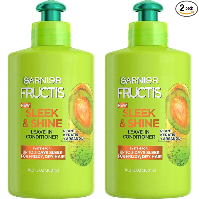Garnier Fructis Sleek and Shine Intense Smooth Leave In Conditioner, Conditioning Hair Cream for Frizzy, Dry Hair, Plant Keratin + Argan Oil, 10.2 Fl Oz (Pack of 2)