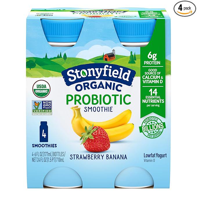 Stonyfield Farm Strawberry Banana Probiotic Smoothie, 6 Fl Oz, 4 Pack