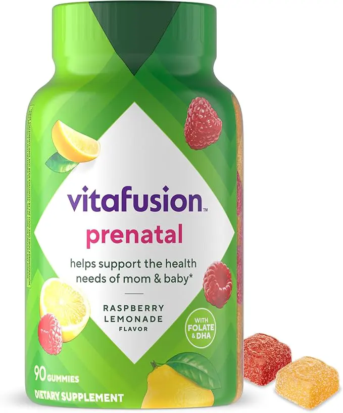 vitafusion PreNatal Gummy Vitamins, Raspberry Lemonade Flavor, Prenatal Vitamin Supplement for Women with Folate and DHA, 45 Day Supply, 90 Count