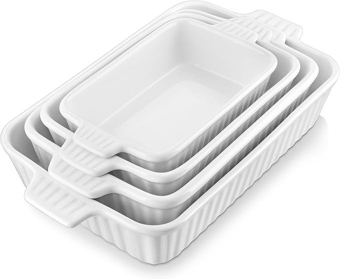 MALACASA Casserole Dishes for Oven, Ceramic Baking Dishes Set of 4, Rectangular Deep Lasagna Pans with Handles, Kitchen Baking Pan, Wedding Gift, White (9.4"/11.1"/12.2"/14.7"), Series BAKE