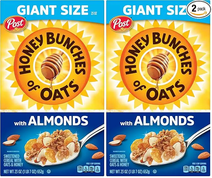 Honey Bunches of Oats with Almonds, Heart Healthy, Low Fat, made with Whole Grain Cereal, 23 Ounce (Pack of 2)