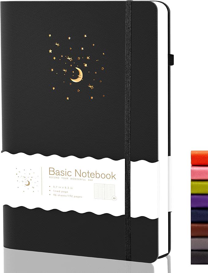 CAGIE Journal Notebook for Women Men, Hardcover Lined Notebooks Journals for Writing Work Journaling Note Taking Diary with Pen Loop (Black Ruled), Gifts, 5.7" x 8.3", 196 Pages