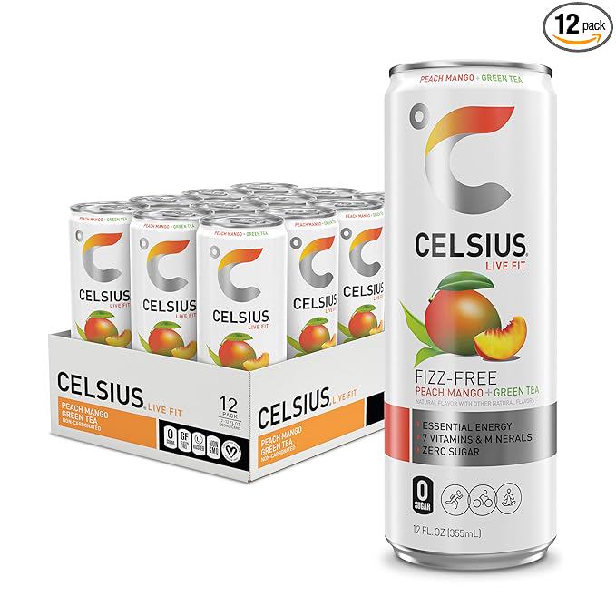 CELSIUS Fizz Free Peach Mango Green Tea, Sugar Free Energy Drink, 12 Fl Oz (Pack of 12)