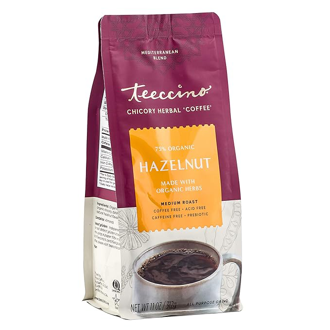 Teeccino Hazelnut Chicory Coffee Alternative - 11 Ounce - Ground Herbal Coffee That’s Prebiotic, Caffeine Free & Acid Free, Medium Roast