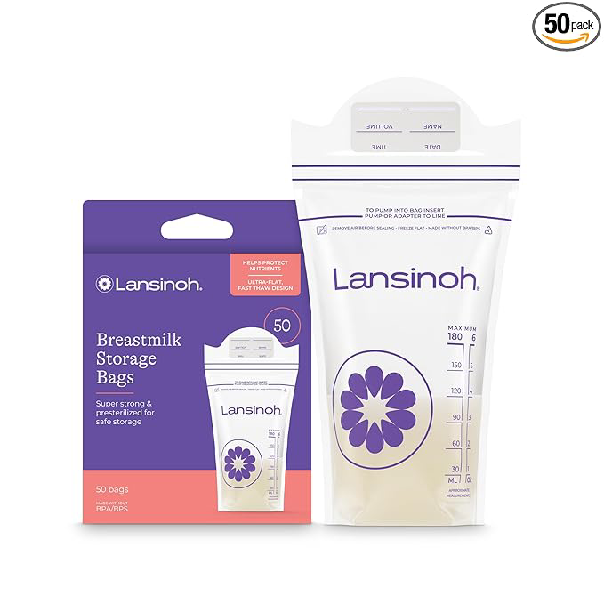 Lansinoh Breastmilk Storage Bags, 50 Count, Baby Essentials, Fast Freeze & Thaw Breast Milk Bags for Baby Bottle Feeding, Strength & Stretch, 6 Ounce