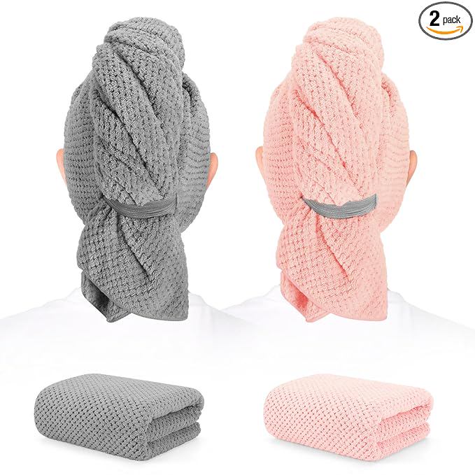 BEoffer 2 Pack Microfiber Hair Towel - 41 x 24 inches Super Soft, Absorbent, Fast Drying Without Frizz Hair Towel Wrap for Women Long, Thick, Curly Hair - Hair Turbans with Elastic Strap