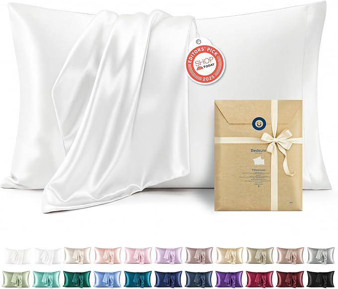 Bedsure Satin Pillowcase 2 Pack Similar to Silk Pillow Cases Standard Size, Pillow Case for Sleeping Women with Envelope Closure, Gifts for Women Men, Pure White, 20x26 Inches, 2pcs