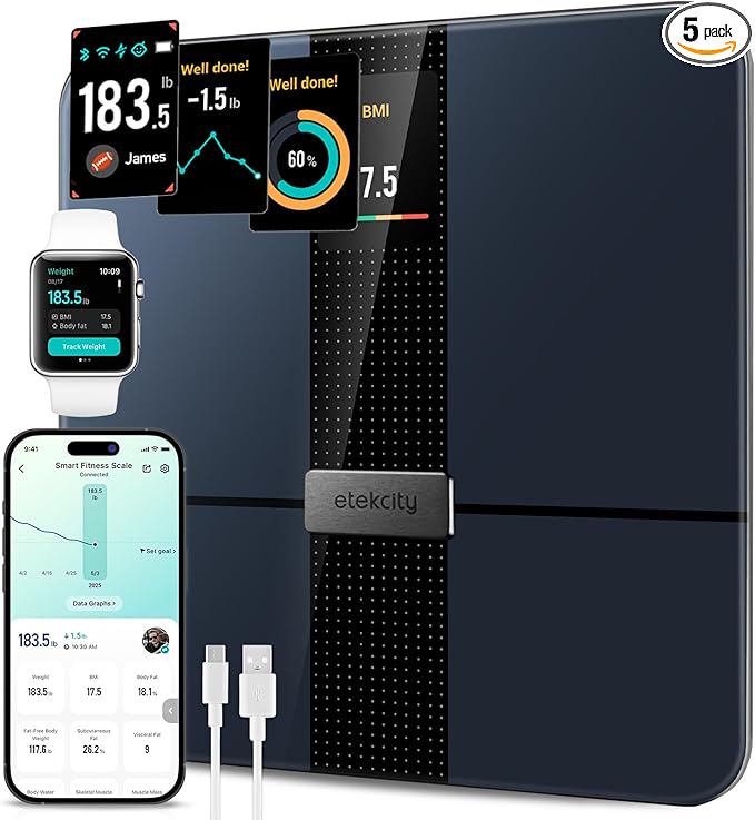 Etekcity FSA&HSA Eligible Smart Scale for Body Weight Fat, Digital Weighing Machine for Accurate BMI Muscle Mass Composition, Apple Health Compatible Fitness Equipment,TFT,‎Tempered Glass,Black