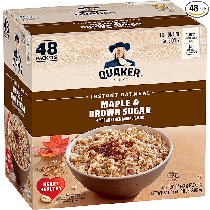 Quaker Instant Oatmeal, Maple & Brown Sugar, Individual Packets, 1.51 Ounce (Pack of 48)