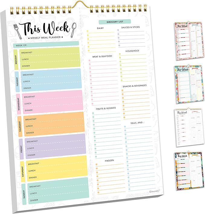 Decorably 52 Sheets Pastel Undated Magnetic Weekly Meal Planner and Grocery List Notepad with 4 Strong Magnets - 8.5x11in Spring-Bound, Refrigerator Mountable, Easy Tear-Off Design