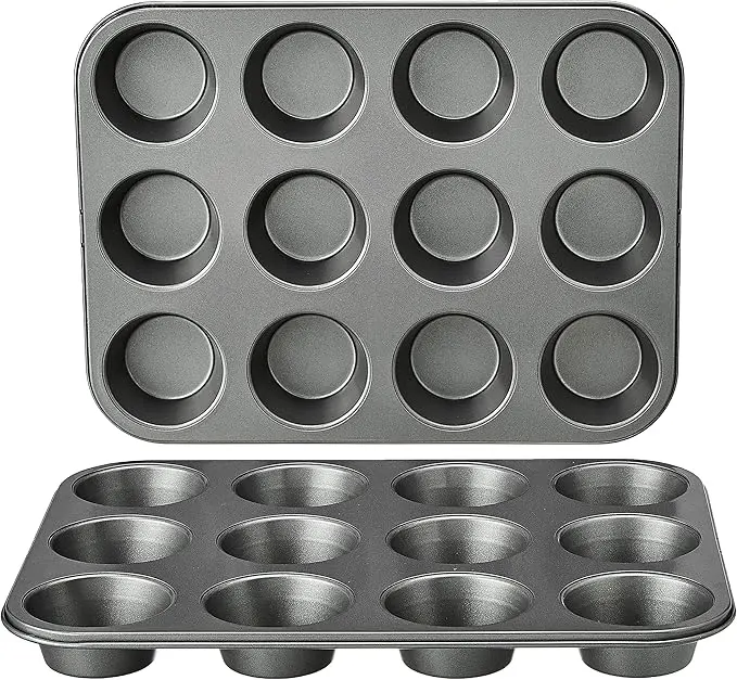 Amazon Basics Nonstick Muffin Pan, Set of 2, Sturdy, Oven Safe, Bakes Evenly, Easy to Clean, 12 Cups, Gray, 13.9x10.55x1.22"