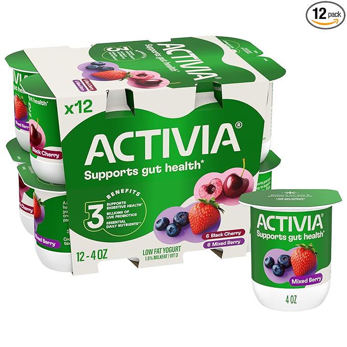 Activia Black Cherry and Mixed Berry Probiotic Yogurt, Delicious Low Fat Yogurt Cups to Help Support Gut Health, Variety Pack, 4 oz, 12 Count