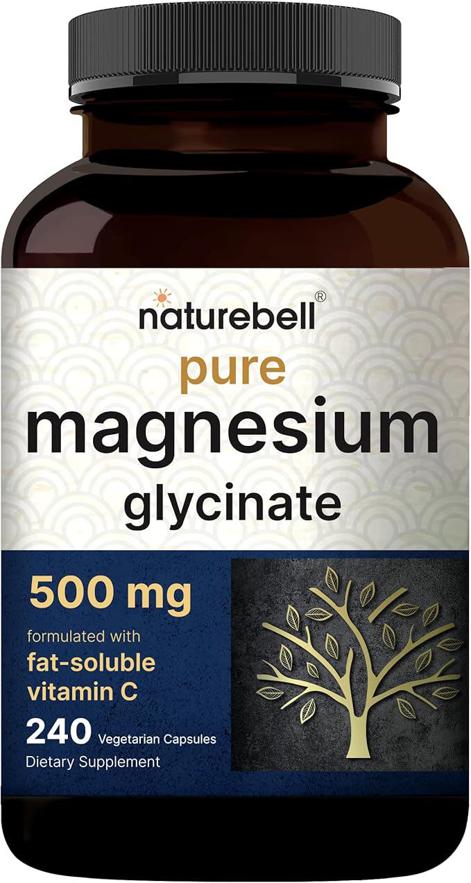 Naturebell Pure Magnesium Glycinate 500mg, 240 Veggie Capsules | 100% Chelated & Purified – 3rd Party Tested | Support Stress Relief, Sleep, Heart Health, Nerves, Muscles, and Metabolism*