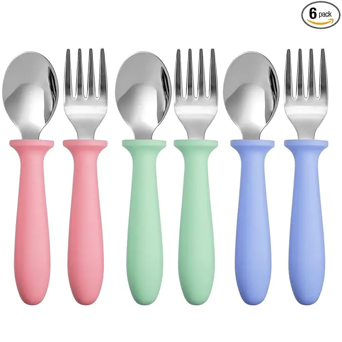 Pimoys 6 Pieces Toddler Utensils Forks and Spoons,Kids Silverware Set with Plastic Handle Stainless Steel Toddler Silverware,Dishwasher Safe