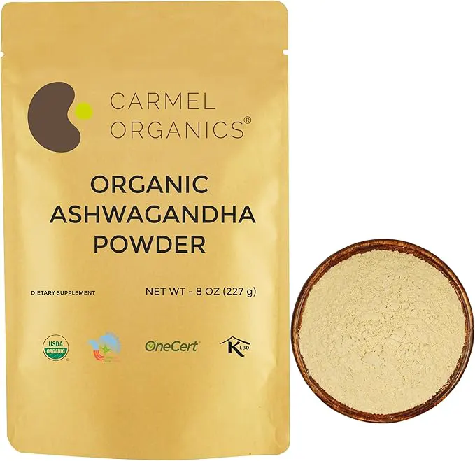 CARMEL ORGANICS Organic Ashwagandha Root Powder (8 Oz or 227g/0.5 Lbs) USDA Certified. Lab Tested, Non GMO & Gluten Free | Withania Somnifera from India