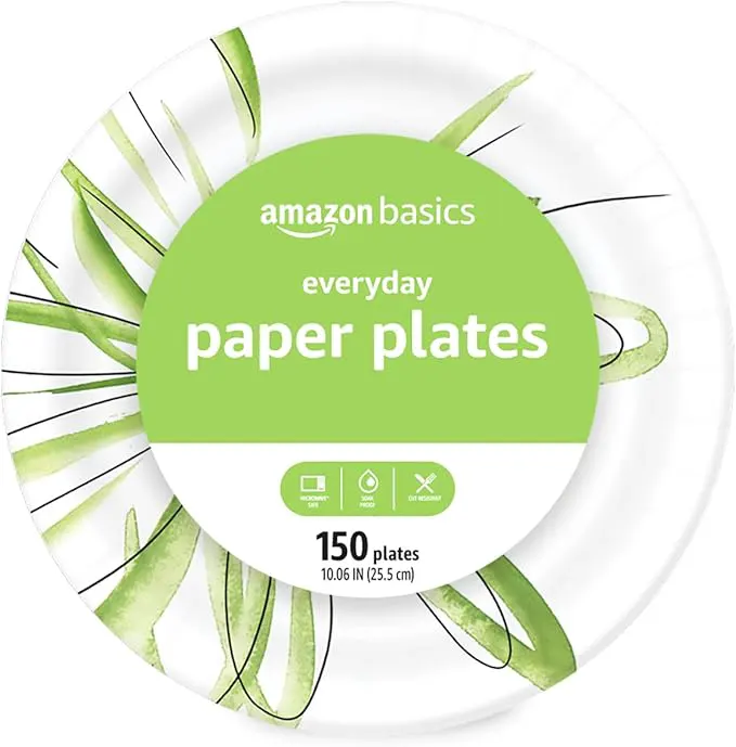 Amazon Basics Everyday Disposable Paper Plates, 10 Inch, Microwave-Safe, Cut Resistant, Soak-Proof, 150 Count