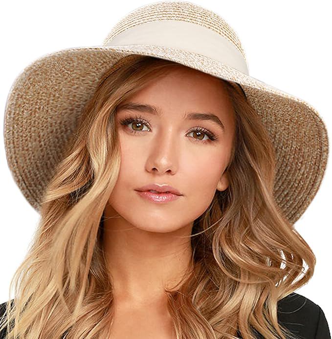 FURTALK Womens Beach Sun Straw Hat UV UPF 80+ Travel Foldable Brim Summer UV Hat