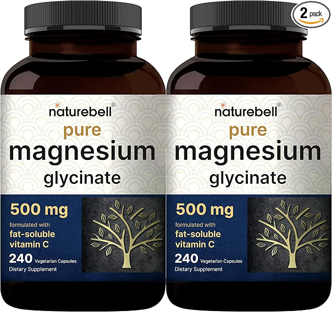 Pure Magnesium Glycinate 500mg with Fat Soluble Vitamin C, 480 Veggie Capsules (2 Pack) – 100% Chelated & Purified – Support Stress Relief, Sleep, Heart Health, Nerves, Muscles, and Metabolism*