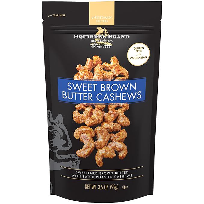Squirrel Brand Sweet Brown Butter Cashews, 3.5 oz Resealable Bag, Gourmet Flavored Cashews Nuts, Gluten Free, Vegetarian