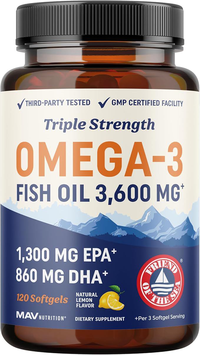 Triple Strength DHA Omega 3 Fish Oil 3600 mg | Over 2100mg Omega-3 Fatty Acids with 860mg of DHA | 1300mg EPA | Best Essential Fatty Acids | Premium Wild Caught & Burpless Fish Oil | 120 ct.