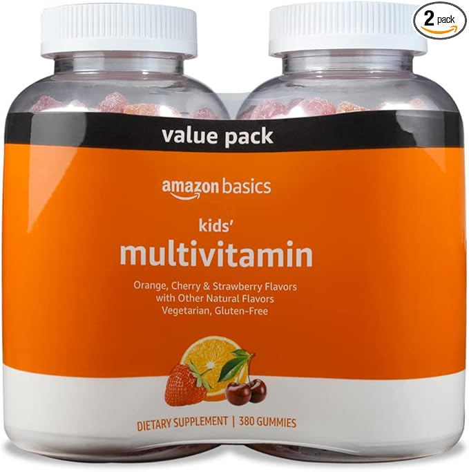 Amazon Basics Kids' Multivitamin Gummies, Cherry, Strawberry & Orange Flavors, 380 Count, 2 Packs of 190 (Previously Solimo)